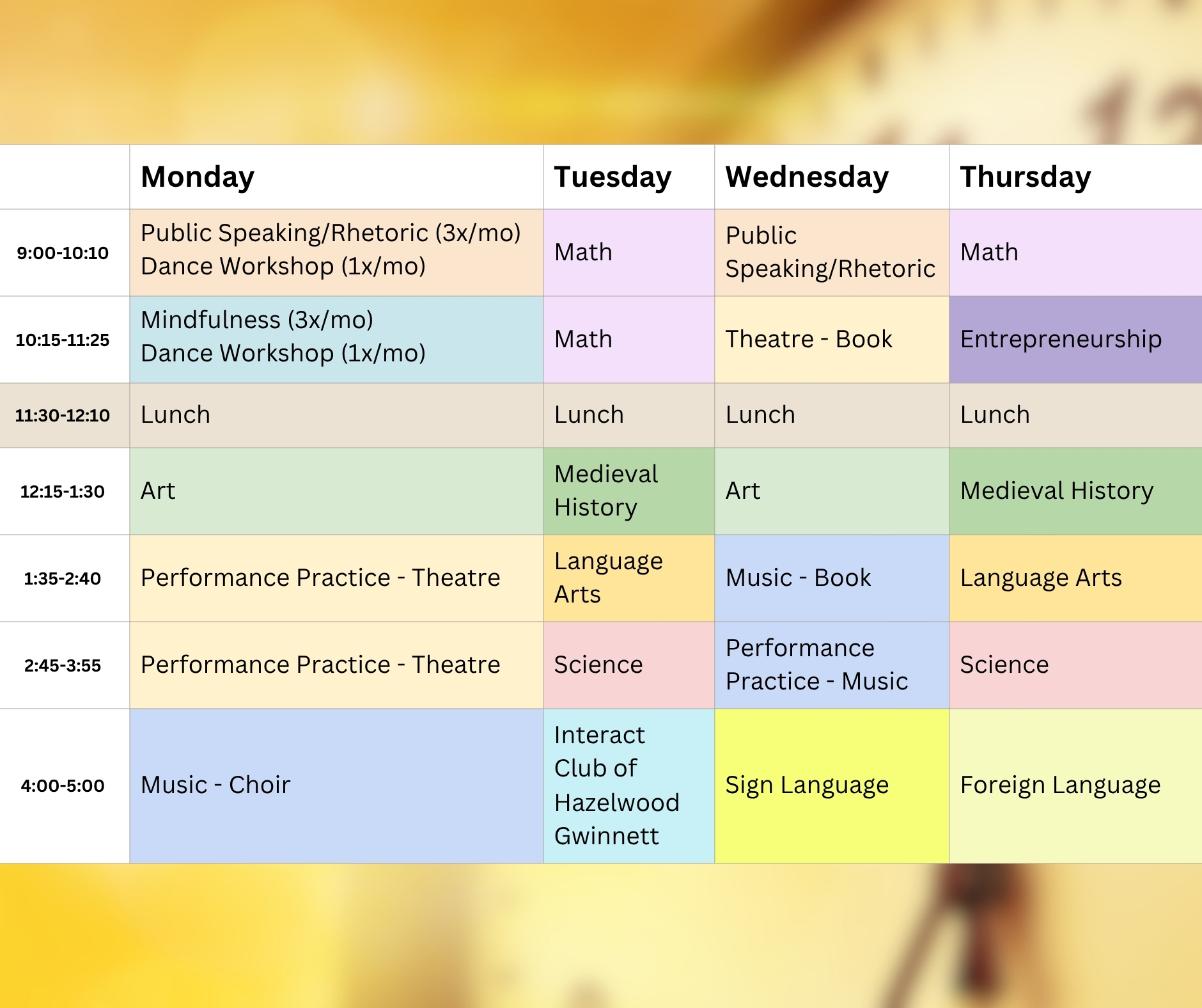 Class Schedule for Fall Semester 2025
