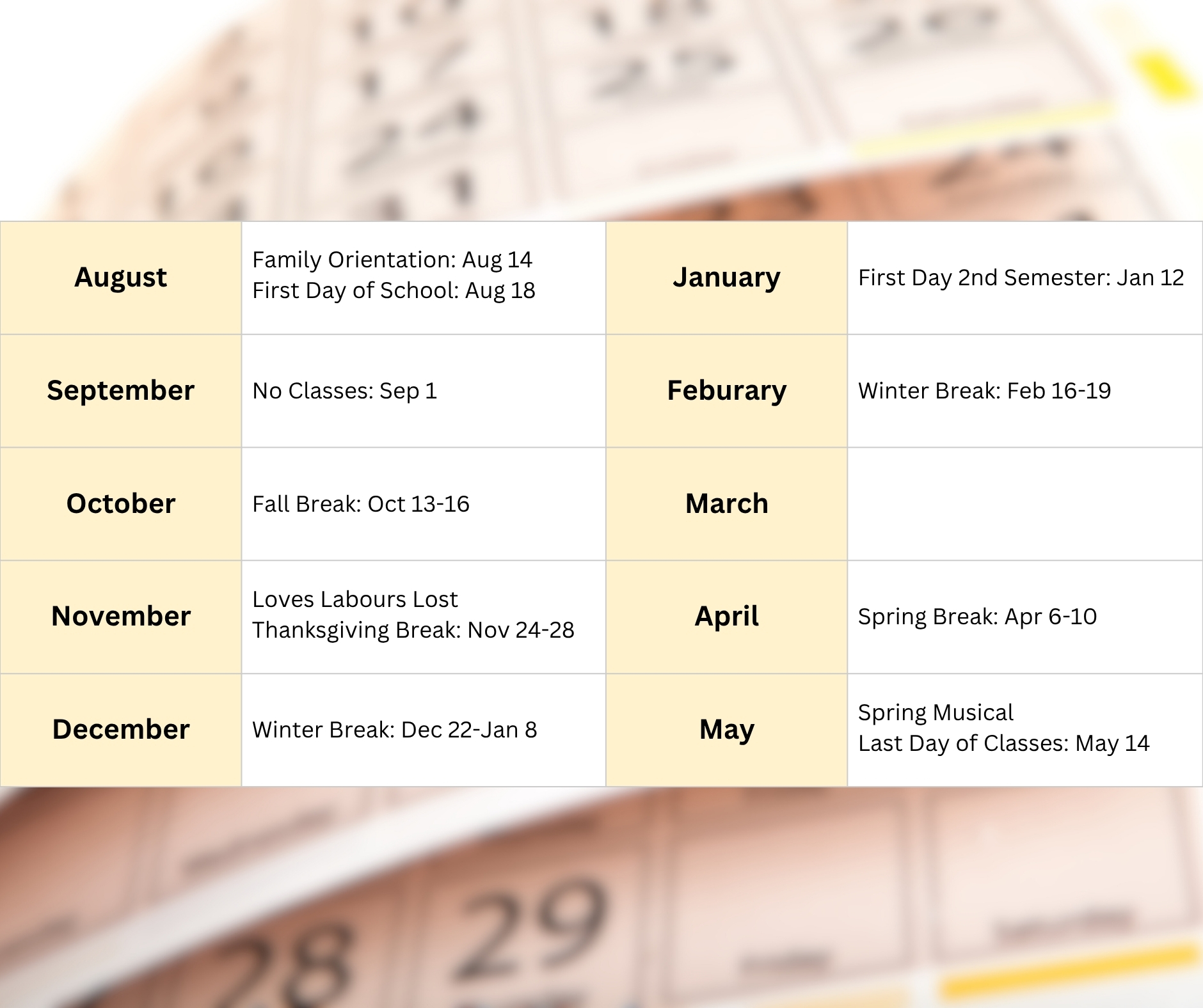 School Calendar for the 2025-2026 school year
