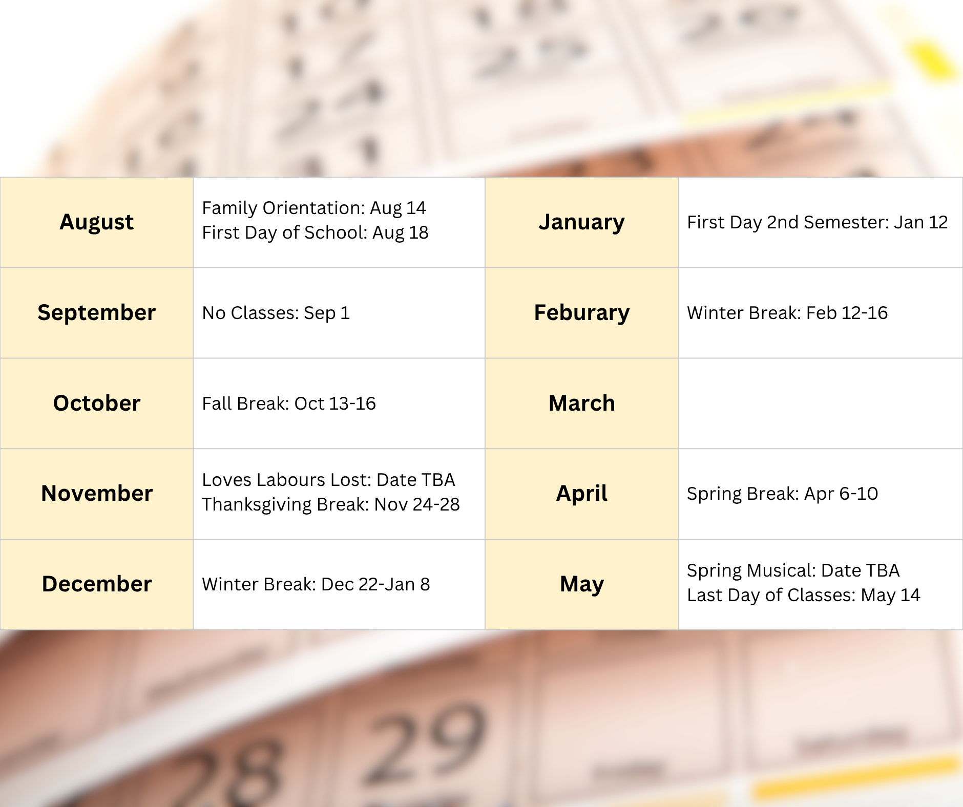 School Calendar for the 2025-2026 school year