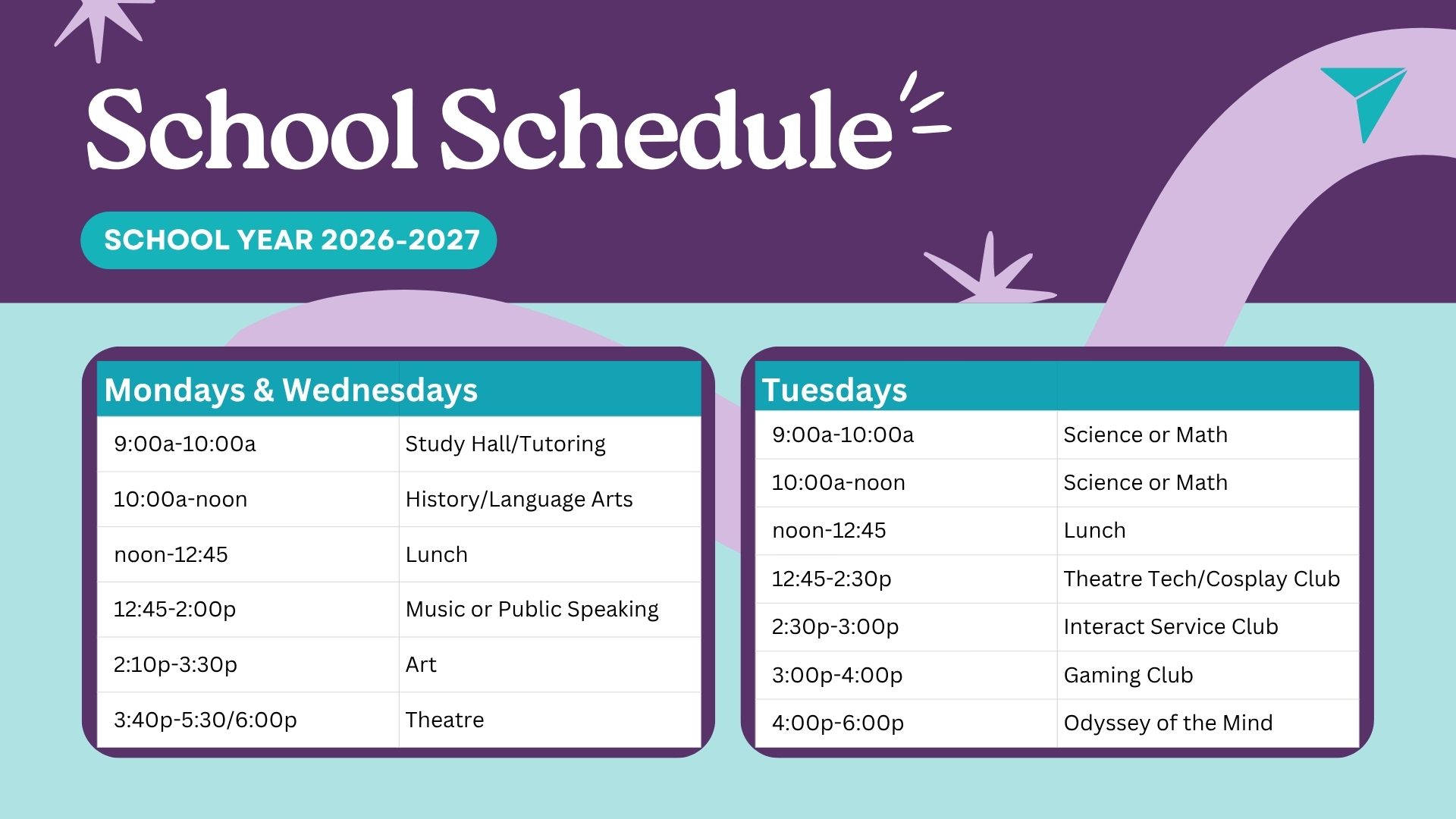 Class Schedule for the 2026-2027 school year